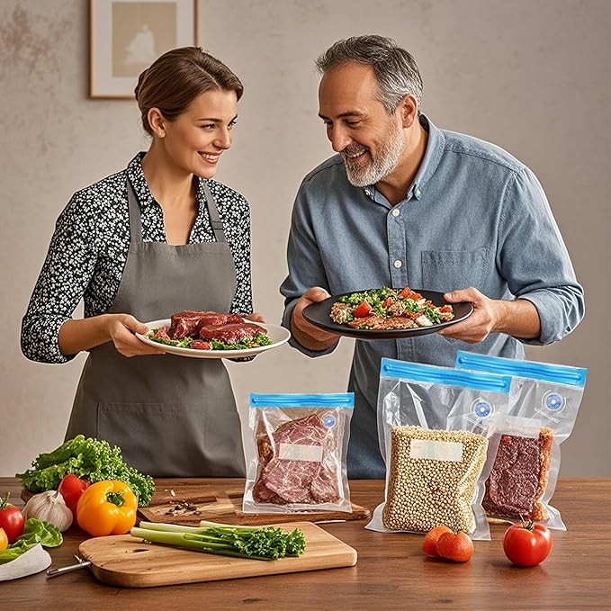 Sous Vide Bags 27Pcs, BPA Free Reusable, Double-Layered Food Storage (11 x 10 in) for Cooking, Food Storage, and Microwave Heating. Includes 20 Vacuum Zipper Bags, 2 Seal Clips, and 5 Air Valves.
