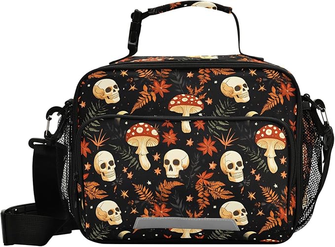 MNSRUU Student Lunch Bag Mushrooms Skull Insulated DinnerTotes Picnic Bag Lunch Box with Adjustable Shoulder Strap for Teen Kids Adults