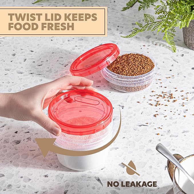 PLASTICPRO 24 Pack Twist Top Containers Assorted Sizes Plastic Food Storage Containers with Red Twist on Lids Stackable Reusable