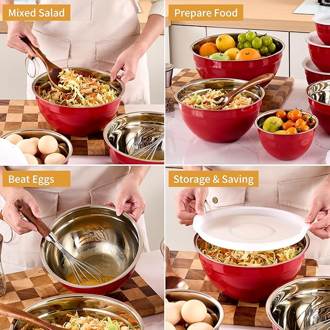 Red Mixing Bowls with Airtight Lids, Stainless Steel Nesting Mixing Bowls Set of 7, Ideal for Baking, Prepping and Serving Food, Size 7, 3.6, 2.7, 2.1, 1.5, 1.1,0.8 QT, Stackable Design