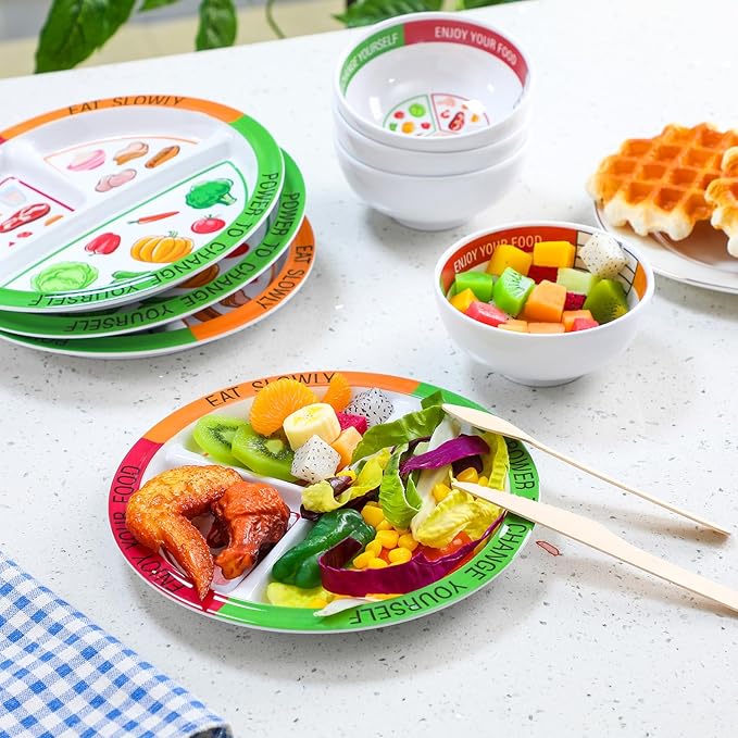 Tioncy 8 Pcs Bariatric Portion Control Set with 4 Bariatric Plates 4 Portion Control Bowls for Adults Diet Balanced Eating Weight Loss Serving Plans (Stylish)