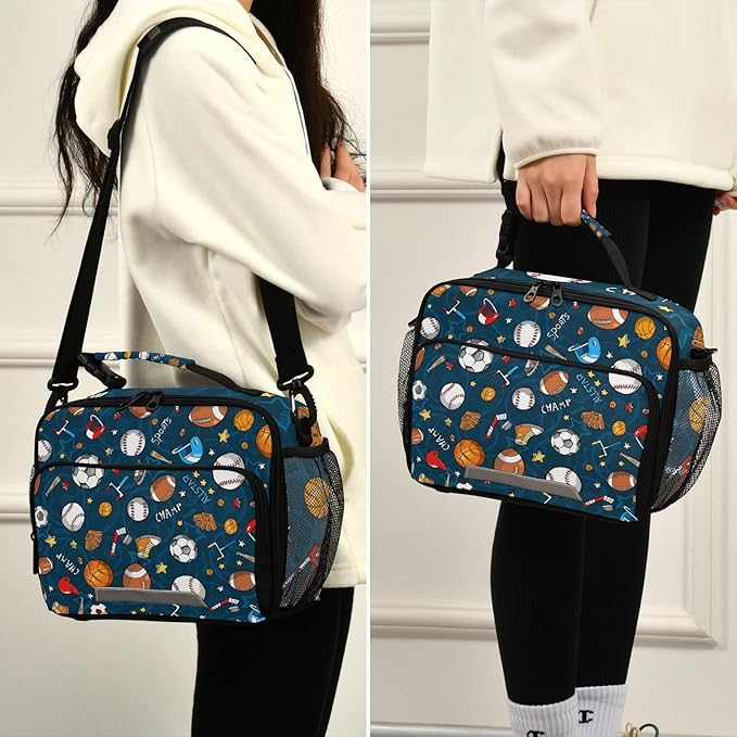 Pfrewn Lunch Bag for Women Men Baseball Football Ball Pattern Insulated Lunch Box Tote Large Cooler Bag for Office Picnic 11x4.3x9inch