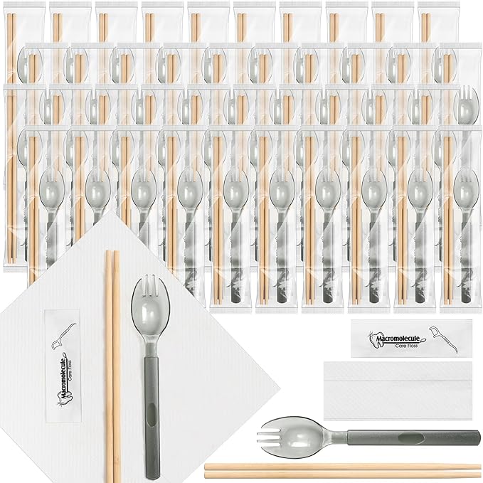 Tioncy 100 Packs Disposable Chopsticks Cutlery Set Bulk Cutlery Packets Include Sporks Napkins Floss Picks and Chopsticks Individually Wrapped Travel Cutlery Set for Party, Banquet, Wedding
