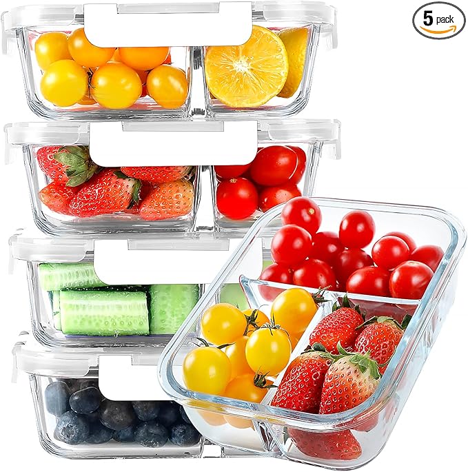 Glass Meal Prep Containers 3 Compartments, 5 Pack 36 oz, Glass Food Storage Containers with Lids, Airtight Lunch Bento Box, Portion Control, Freezer and Microwave Safe, White
