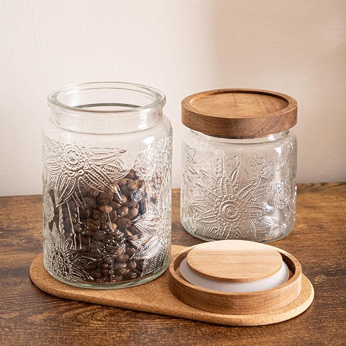 Glass Storage Jars 6 Pack 700ml(24oz) Multipurpose Vintage Storage Bottle with Wooden Lid Seal for Coffee, Nuts, Candies, Cereal, Cookies, Spices, Flour, and More. (6 Pack-700ml-Style A)