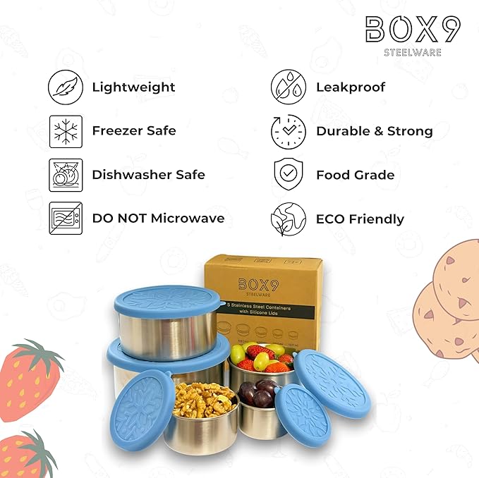 Stainless Steel Containers with Lids - Leak Proof BPA Free | Easy Open Silicone Lids | Meal Prep, Snacks, Lunch for Kids & Adults (32oz/23oz/13oz/6oz/3oz)