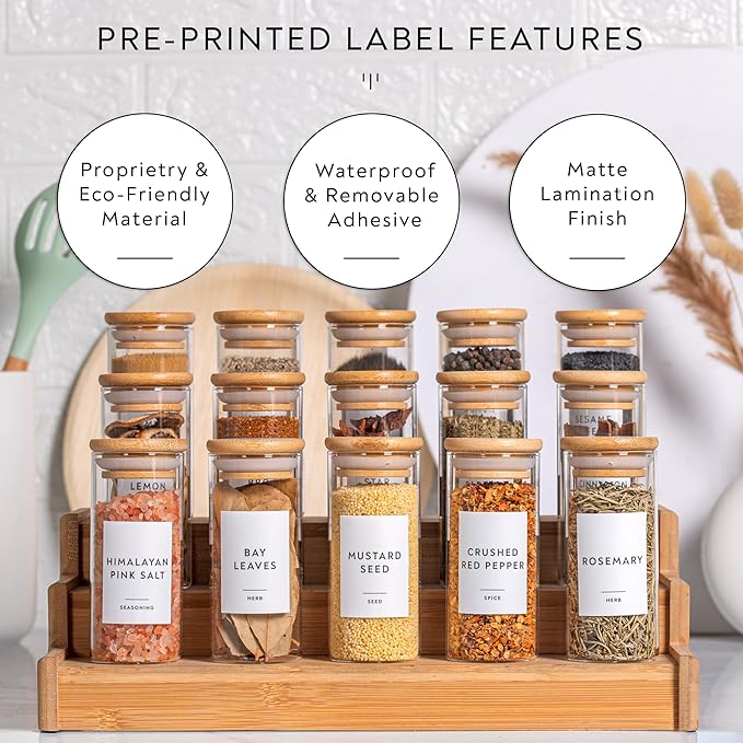 Laramaid 4oz 20Pack Spice Jars with Minimalist Spice Labels, Round Jar Canisters with Polished Bamboo Lids, Adjustable Measuring Spoon, Black Pen, Cleaning Brush & Collapsible Silicone Funnel