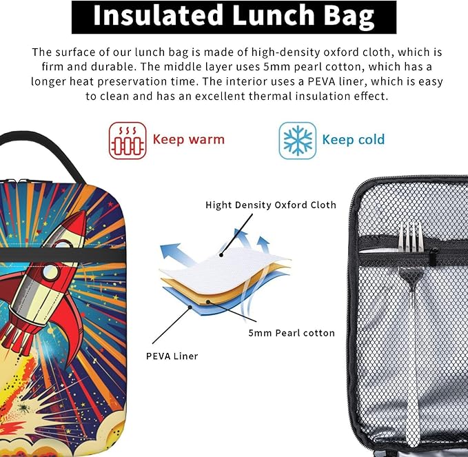 Insulated Lunch Box for Kids Boys Girls, Reusable Lunch Bag for School, Office, Work, Picnic, Travel, Space Rocket Launch Lunch Box