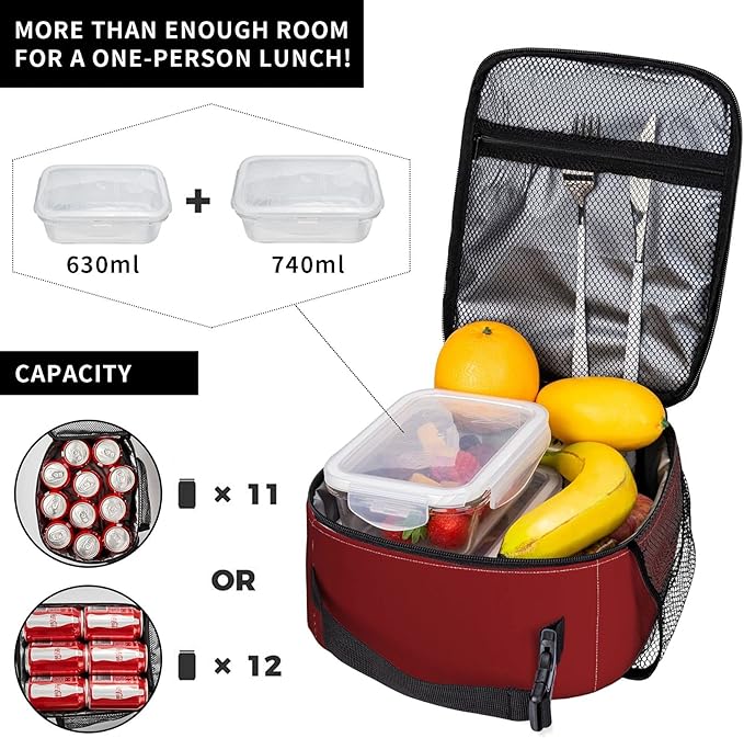 Red Lunch Bag for Women Washable Thremal Picnic Meal Box for Office Beach Travel Hiking Camping Insulated Cooler Reusable Portable