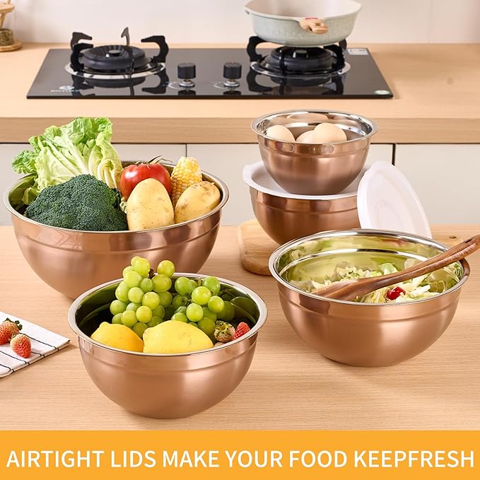 Rose Gold Mixing Bowls With Airtight Lids,Stainless Steel Bowl,Salad Bowls 5 Piece Colorful Nesting Bowl Gold Kitchen Accessories,Size 5.5,3.6,2.7,2.1,1.5QT Stackable Design