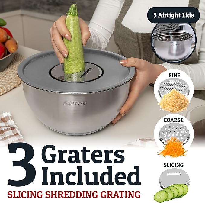 Priority Chef 28Pc Stainless Steel Mixing Bowls with Lids Set, Non-Slip Base, Air Tight Lids, 3 Graters and Utensil Set, Large Metal Nesting Bowls for Kitchen, Grey
