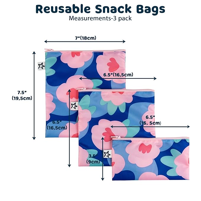 Tiny Twinkle 3 Pack Reusable Snack Bags - Machine Washable, PFAS, PVC, BPA, Phthalate-Free Reusable Baby and Toddler Food Safe Snack Bags (Blue Floral)