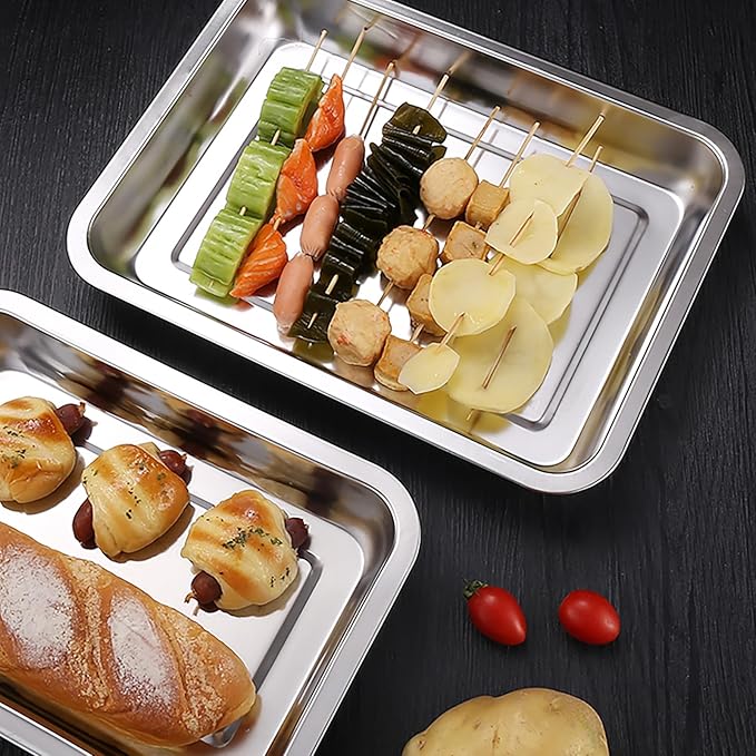 Breading Trays Set of 3 Stainless Steel Breading Pans for Dredging Chicken Breasts and Marinating Meat, Food Prep Trays (12.4" x 8.5" x 1.9")