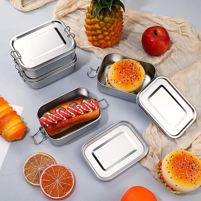 Umigy 4 Pcs Stainless Steel Food Containers Metal Bento Lunch Box Stainless Steel Food Storage Containers, Lockable Clips to Leak Proof, Reusable Dishwasher Snack Boxes for Work, Picnic (550ml)