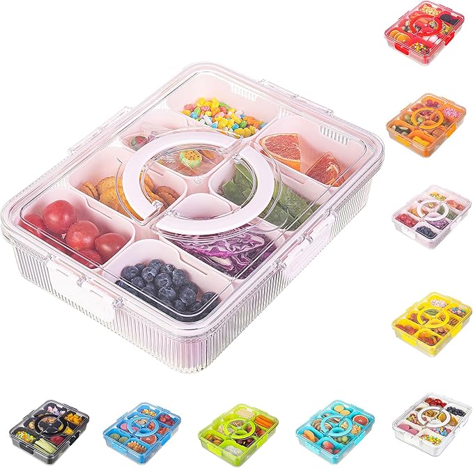 Patent Design Ribbed Snackle Box Container Divided Serving Tray with Lid and Handle -Charcuterie Container Portable Storage Organizer for Candy, Fruit, Beach, Picnics(1 pcs, Pink
