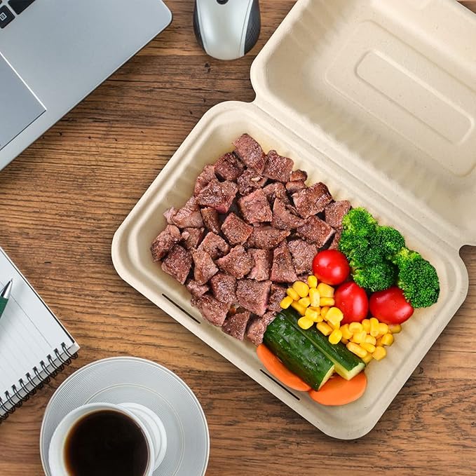 greensight 9 x 6 Clamshell Take Out Food Containers, 75 Pack Disposable To Go Containers, Compostable To Go Boxes, Biodegradable Food Containers Made of Sugar Cane Fibers
