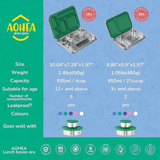 Stainless Steel Lunch Box for Kids, Leak Proof Bento Lunch Box BPA Free 304 Stainless Steel Bento Box Stainless Bento Box with Containers for School and Office(Green)