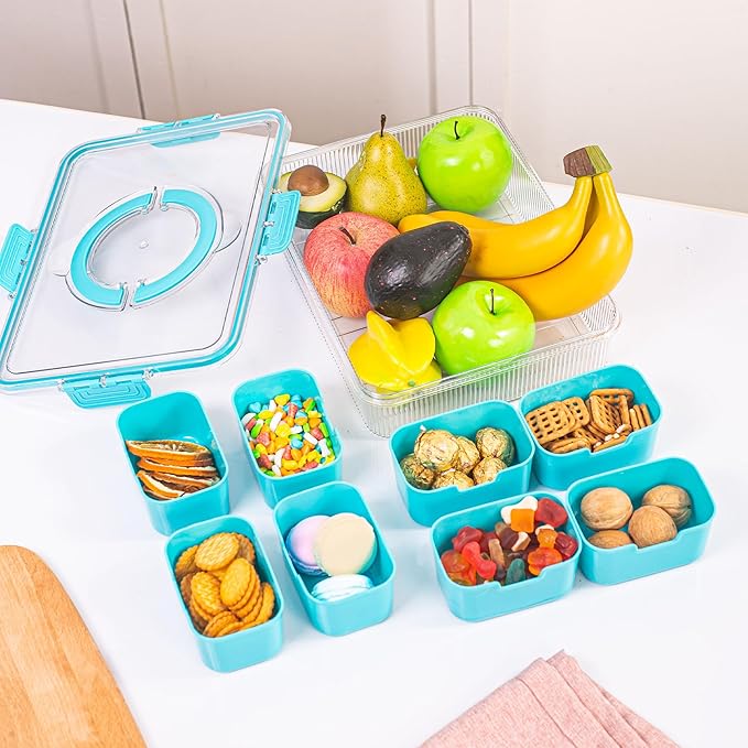 Patent Design Ribbed Snackle Box Container Divided Serving Tray with Lid and Handle -Charcuterie Container Portable Storage Organizer for Candy, Fruit, Beach, Picnics(1 pcs, Lake blue)