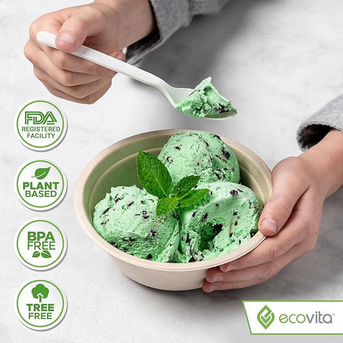 100% Compostable Spoons - 500 Large Disposable Utensils (6.5 in.) Bulk Size Eco Friendly Durable and Heat Resistant Alternative to Plastic Spoons with Convenient Tray