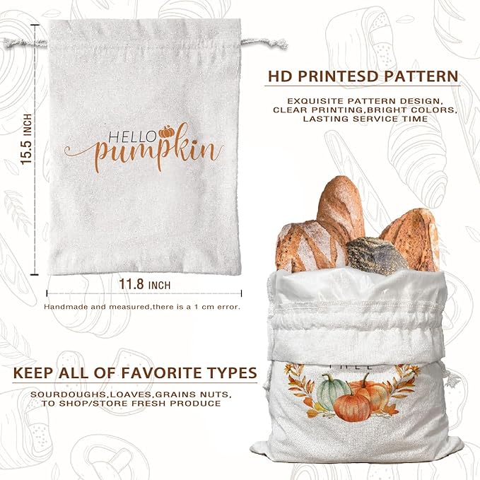 Pumplkin Homemade Bread Bag Box Pouches 2Pcs, Fall Sourdough Baking Supplies, Autumn Linen Reusable Kitchen Bag 15.511.8, Drawstring Closure, Fall Gifts for Women