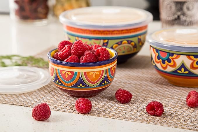 Bico Tunisian Ceramic Bowl with Air Tight Lid Set of 3(27oz, 18oz, 9oz each), Prep bowls, Food Storage Bowl for Salad, Snacks, Fruits, Microwave and Dishwasher Safe