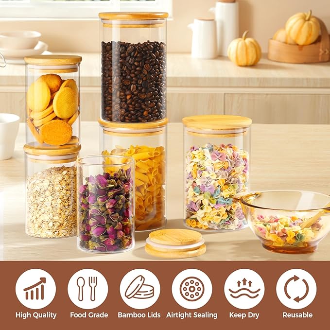Glass Storage Containers with Bamboo Lids, Includes 3 Set of 20oz Overnight Oats Breakfast Jars, 3 Set of 40oz Food Storage Containers For Cookies Cereal Nuts Coffee Beans (Set of 6)
