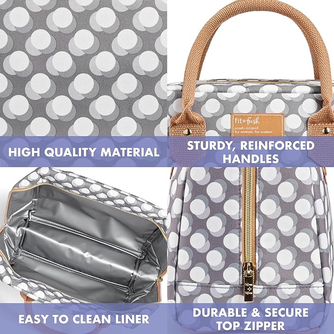 Fit & Fresh Bloomington Adult Insulated Lunch Bag with Carry Handles, Complete Lunch Kit Includes 2 Reusable Food Containers, Grey Dot