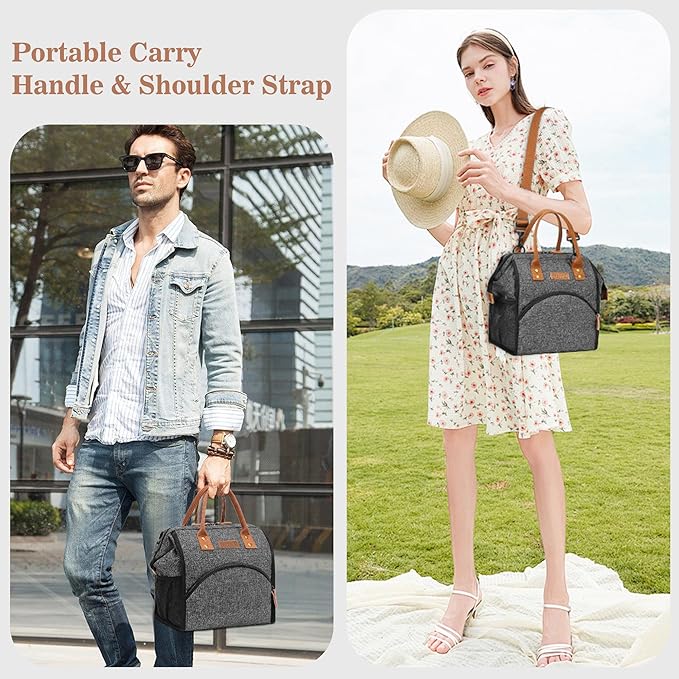 LOKASS Lunch Bag Insulated Lunch Box Wide-Open Lunch Tote Bag Large Drinks Holder Durable Nylon Snacks Organizer with Removable Shoulder Strap for Women Men Adults Work Outdoor,Black