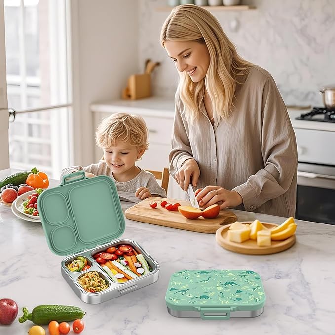 Kids Stainless Steel Lunch Box, Leak-Proof with free sealing Bento Box 3 Compartments Green Boy