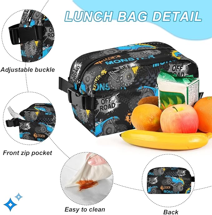 Emelivor Monster Truck Tires Kids Backpack for Girls Boys School Bookbag with Insulated Lunch Box for Preschool Primary School Backpack Set