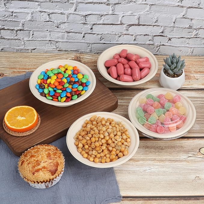 12 oz Round Disposable salad bowls with lids, Sugarcane Fiber Paper Bowls Plant Fibers Freezer Safe 50 Pack