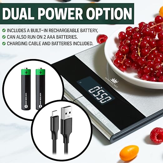 Digital Food Scale for Kitchen, Baking, Cooking, and Meal Prep, 10 Unit Measurements, 22 lb Weight Capacity, Stainless Steel Top, Dual Power Option, 15 Features