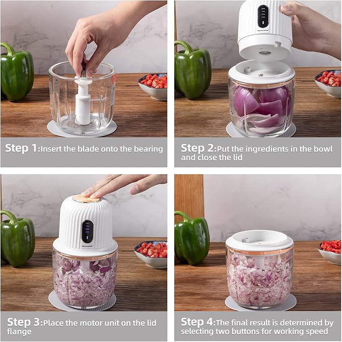 Cordless Food Processor Electric, 600ML Small Electric Food Chopper Glass Bowl for Meat Vegetables Onions Garlic, Meat Chopper Blender