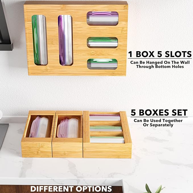 SpaceAid Bag Storage Organizer for Kitchen Drawer, Bamboo Organizer, Compatible with Gallon, Quart, Sandwich and Snack Variety Size Bag (1 Box 5 Slots)