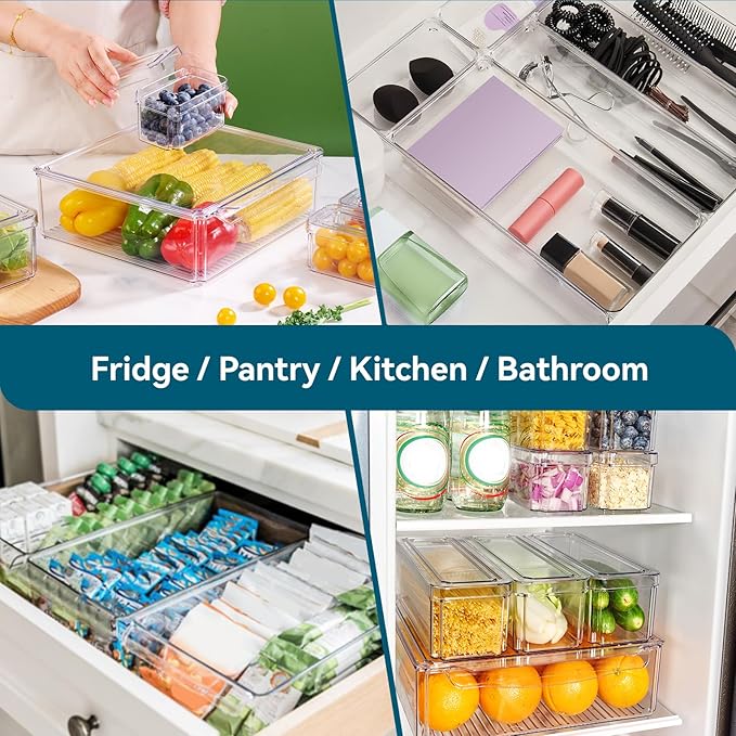 10 Pack Clear Fridge Organizer, Stackable Refrigerator Organizer Bins with Lids, Fridge Storage Containers for Kitchen, Food, Cabinets, Fruits, Vegetables, Cereals