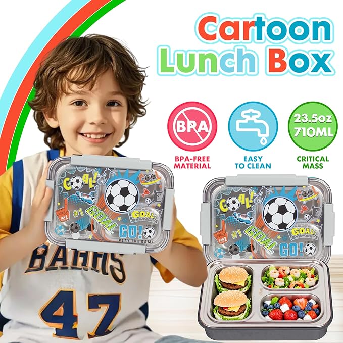 Stainless Steel Bento Lunch Box for Kids, 710 ml/23.5 oz BPA-Free Leak-Proof Food Containers with 3 Compartments, Back to School Students Daycare Lunches Snack Container Size for Ages 3-7