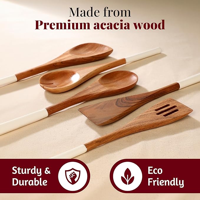 Folkulture Wooden Spoons for Cooking | 12" Premium Acacia Wooden Utensil Set of 5 - Smooth Finish, Soft Comfort Cooking Utensils Set for Kitchen, Gifts | Non Stick Wooden Cooking Utensils Set of 5