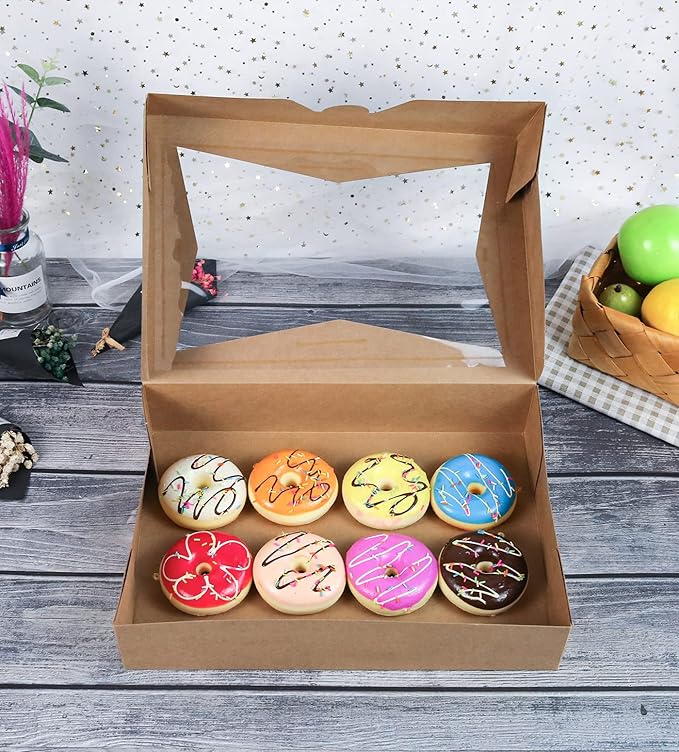 8-PACK Brown Pastry Bakery Box 16x11x2.75inch,Large Donuts,Muffins,Cookies Boxes with Window Auto-Pop up Paper Box Nature Cardboard Take Out Container,Hold 12 Donuts,Pack of 8