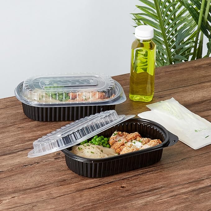 RW Base 32 Ounce Meal Prep Containers, 100 Microwavable To Go Containers With Lids - Disposable, Freezable, Black Plastic Oval Food Containers, Pack Hot And Cold Food, For Takeaway - Restaurantware