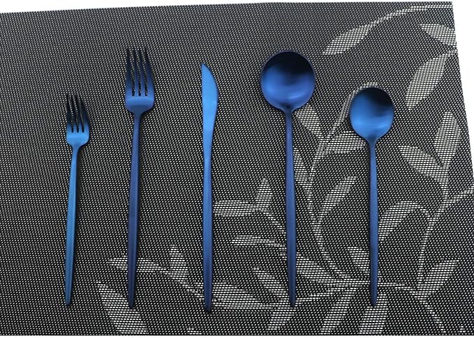 Iridescent Blue Flatware 10 Pieces Tableware Set Cutlery Set Dinnerware Anti-rust Utensil Set,Salad Spoons Knives and Dessert Forks, Silverware Service for 2