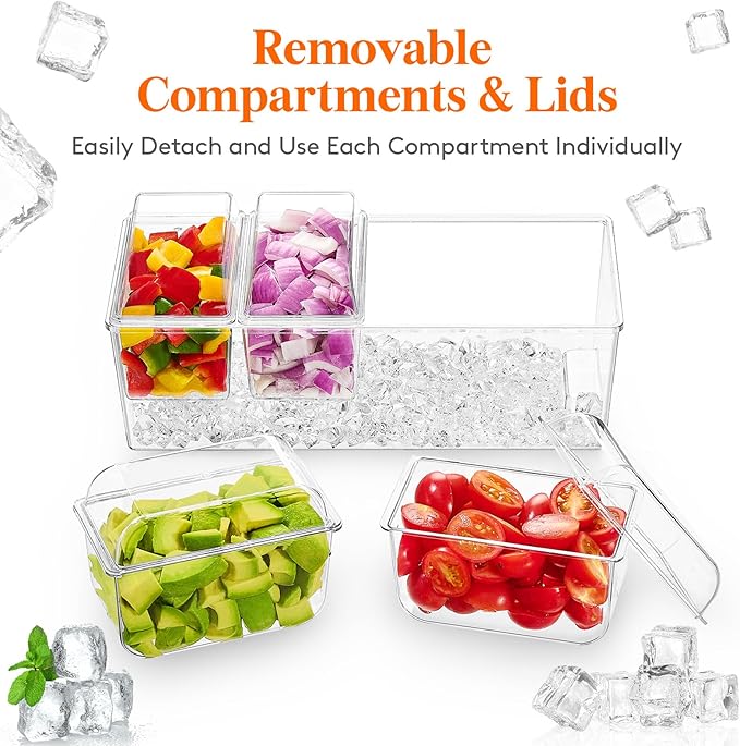 Lifewit 2 Pack Ice Chilled Condiment Caddy with 4 Containers(2.5 cup), Condiment Server with Separate Lids, Serving Tray Platter for Bar Accessories, Fruit, Salad, Taco, Party Garnish