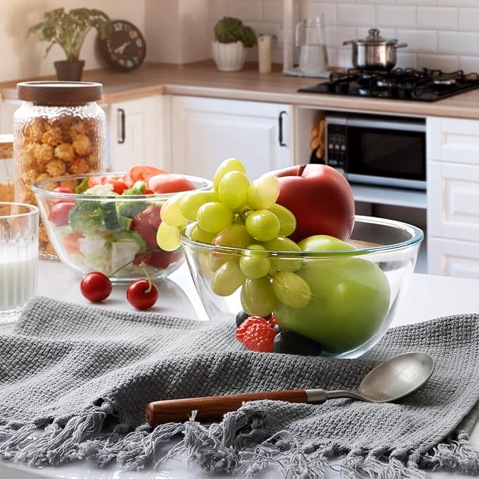 NUTRIUPS Glass Mixing Bowls Borosilicate 6.1in Glass Salad Bowl 35oz Clear Glass Bowls for Bread, Set of 2