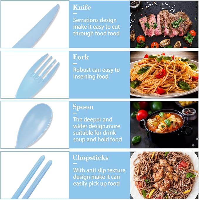 Large Reusable Utensils Set with Case, 4 Sets Travel Utensil with Chopsticks, Portable Plastic Cutlery Set Fork Spoons Knife Set for Adult Lunch Accessories, Camping Flatware