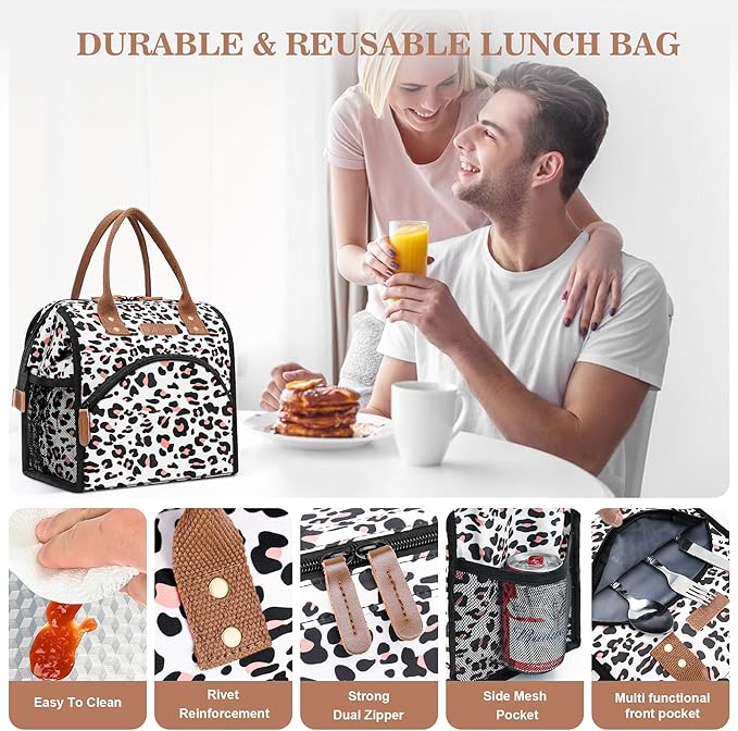 LOKASS Lunch Bag Women Insulated Lunch Box Wide-Open Lunch Tote Bag Large Cooler Bag for Work Picnic Hiking Beach Fishing(Leopard)