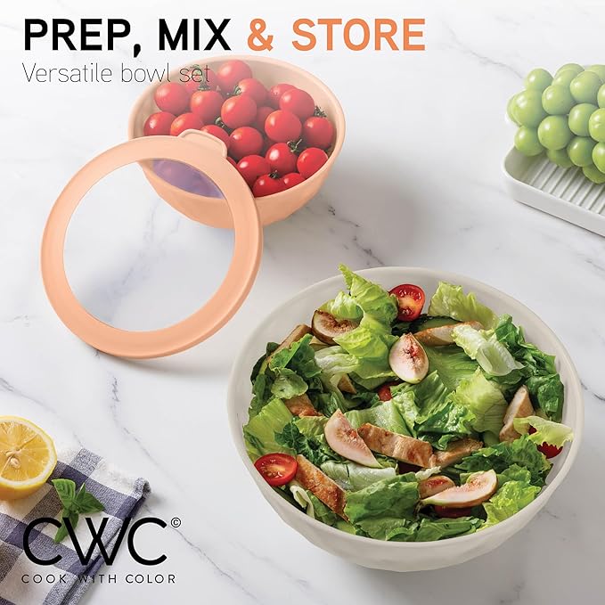 COOK WITH COLOR Mixing Bowls with Lids - 12 Piece Plastic Nesting Bowls Set includes 6 Prep Bowls and 6 Lids, Non Slip Bottom and Diamond Design - Microwave Safe (Mint)