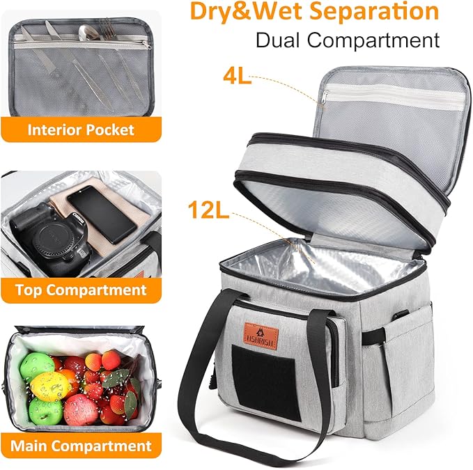HSHRISH Lunch Box for Men, Women Double Deck Heavy Duty Large Insulated Tactical Lunch Bag Durable Cooler Bag With Shoulder Strap for Adults Work Picnic Road Trip (Grey,15L )