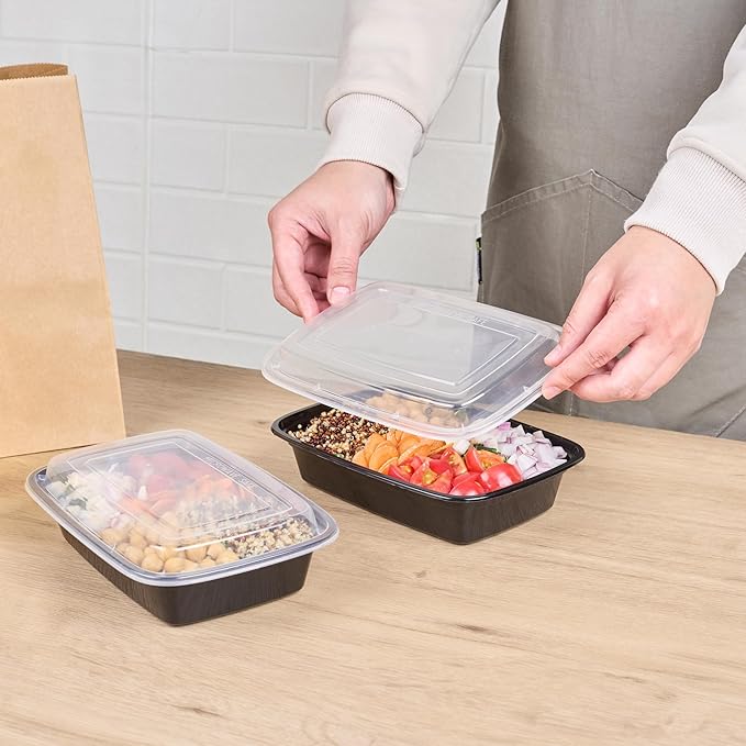Restaurantware Asporto 24 Ounce Take Out Containers, 50 Food Containers With Lids - Microwavable, Disposable, Black Plastic To Go Food Containers, No BPA, For Take Out And Delivery