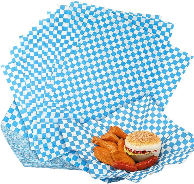 1000 Sheets Wax Deli Paper Sheets for Food 12 x 12 Inch Checkered Dry Waxed Deli Basket Liners for Sandwich Wrapping, Food Basket Liners, Picnic party(Blue-white)