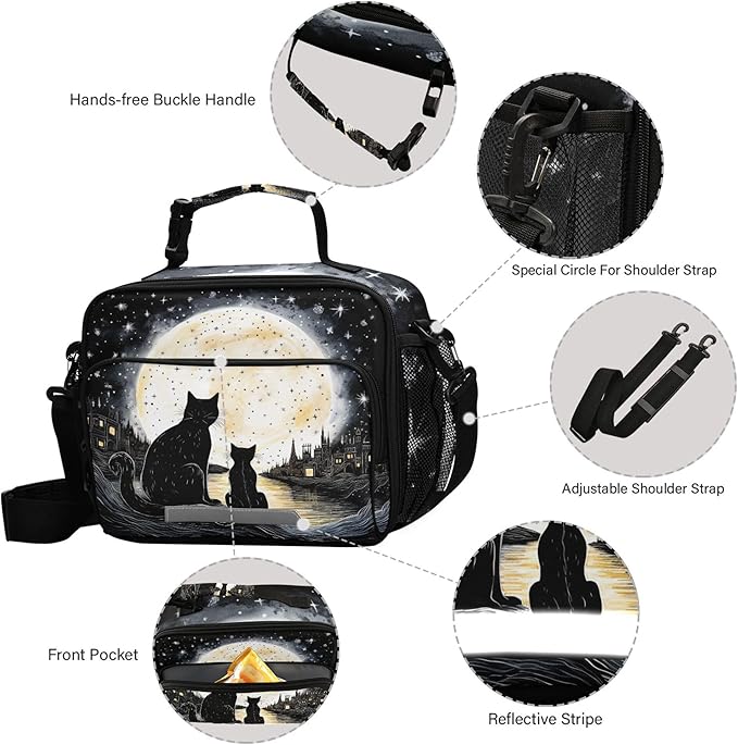 MNSRUU Student Lunch Bag Black Cat Insulated DinnerTotes Picnic Bag Lunch Box with Adjustable Shoulder Strap for Teen Kids Adults