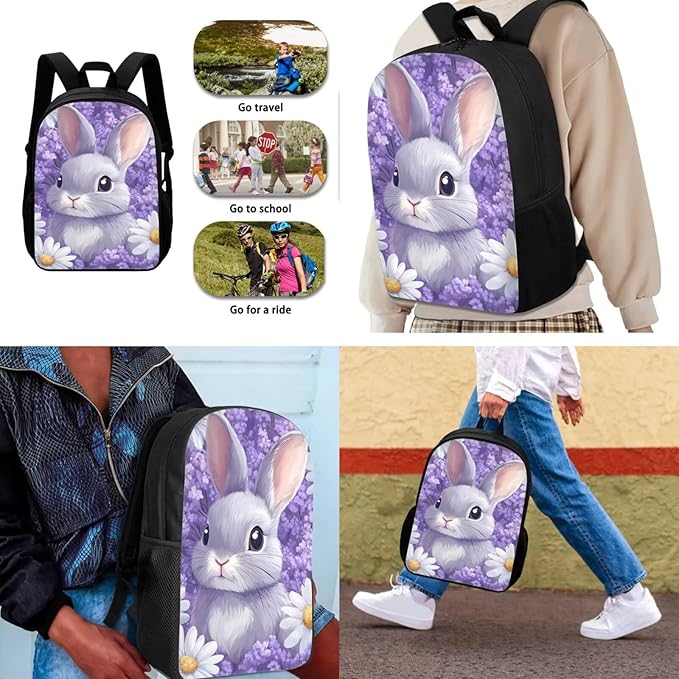 Dolyues Purple Flower Rabbit Girls' Backpack Set 17-Inch Lightweight Backpack, Double Compartment Lunch Bag & Organizer Pencil Case - Ages 5-10